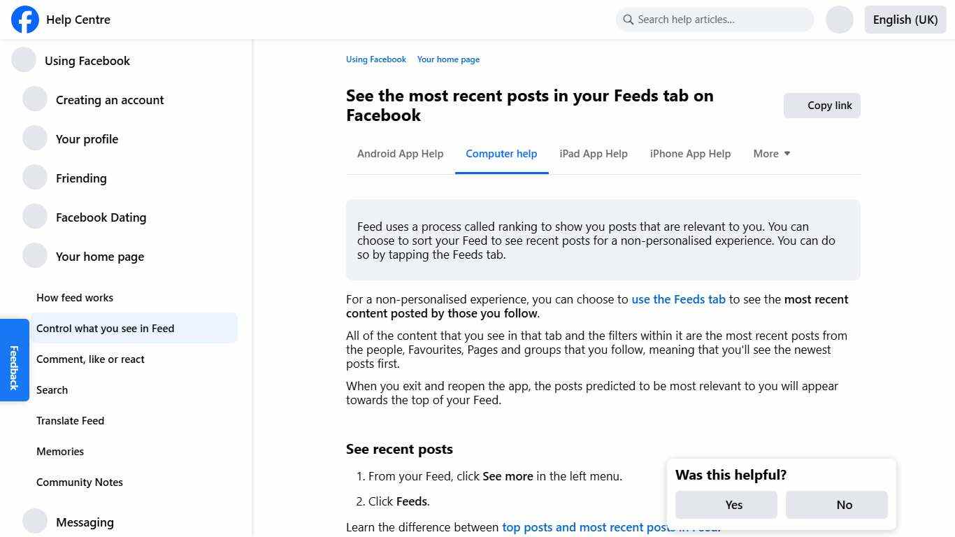 See the most recent posts in your Feeds tab on Facebook Facebook Help Centre